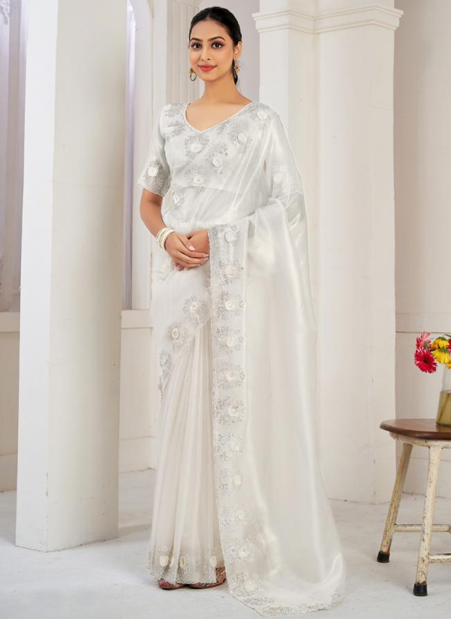 Jimmy Silk White Wedding Wear Hand Work Saree